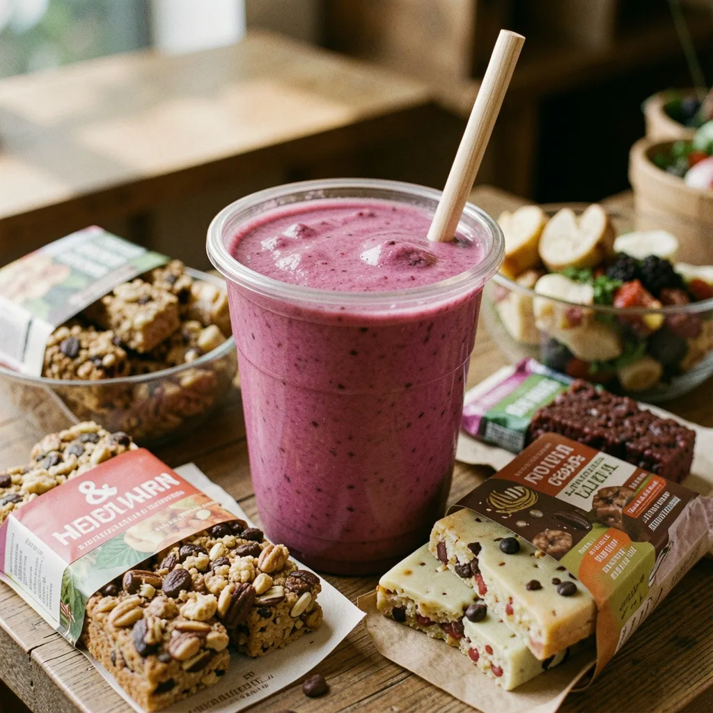 Glass counter with prepared blended drinks and fruit